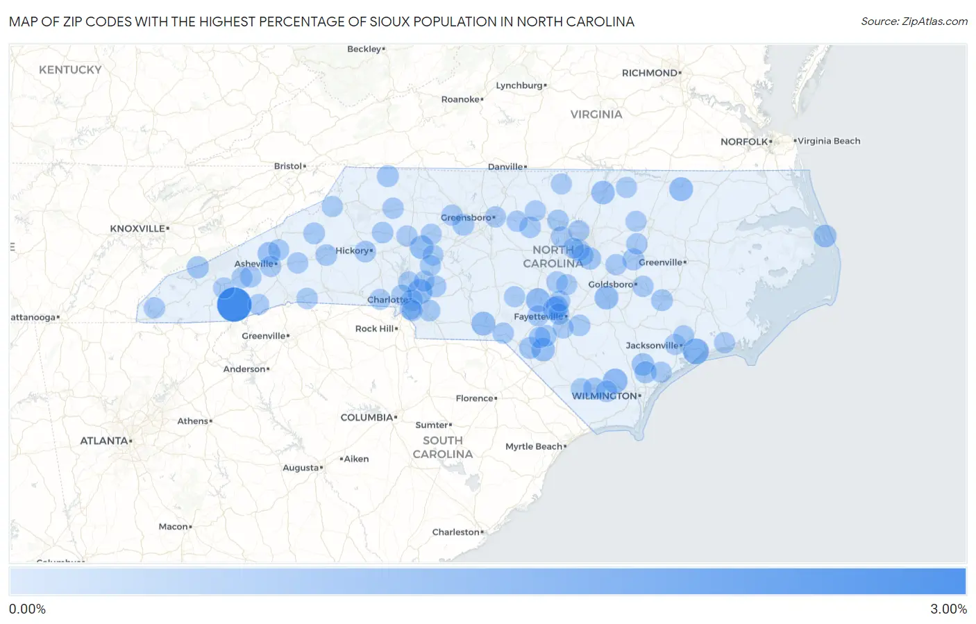 Zip Codes with the Highest Percentage of Sioux Population in North Carolina Map