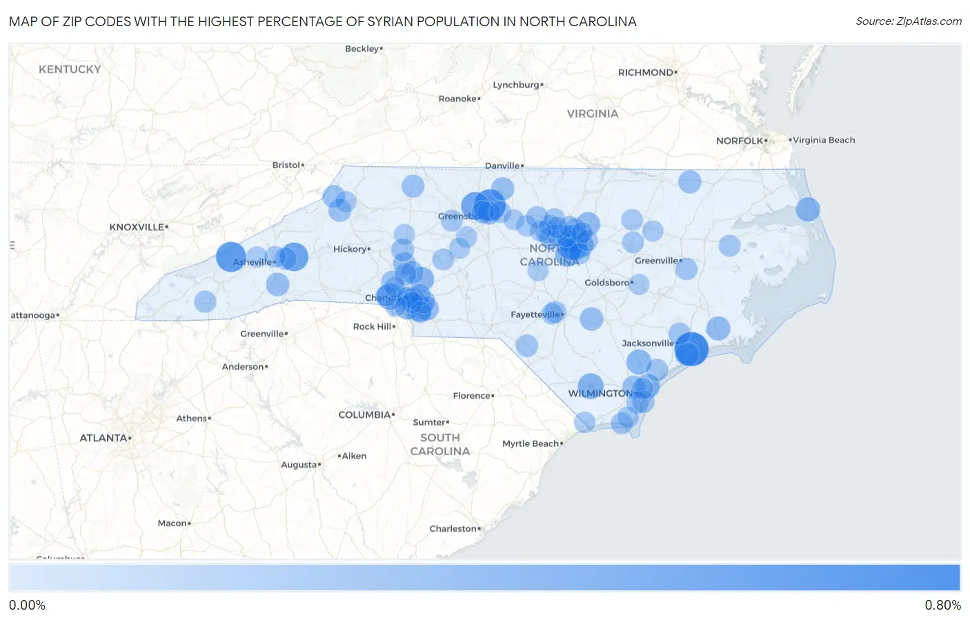 Zip Codes with the Highest Percentage of Syrian Population in North Carolina Map
