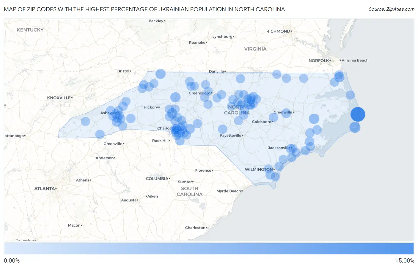 Zip Codes with the Highest Percentage of Ukrainian Population in North Carolina Map