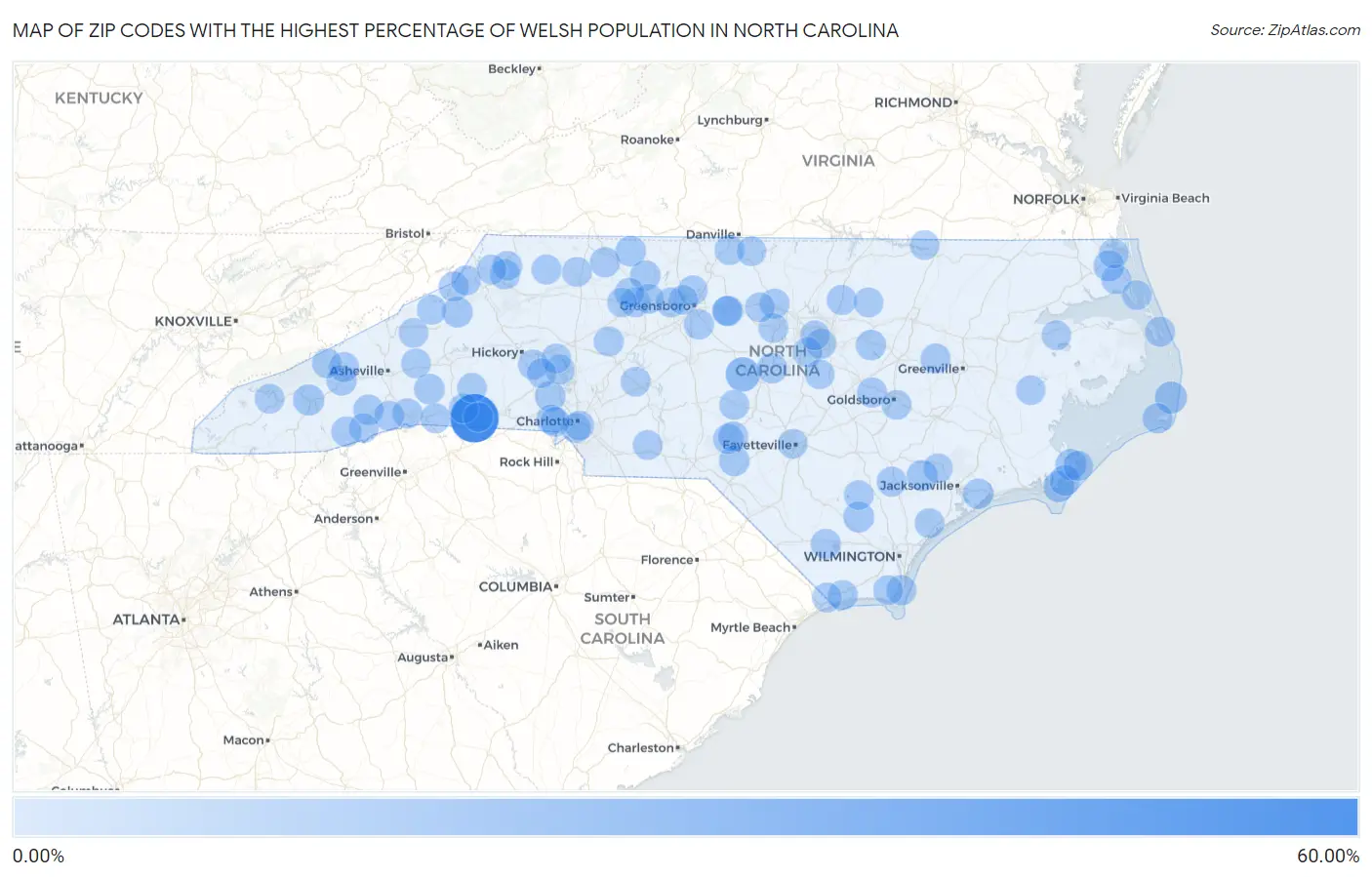 Zip Codes with the Highest Percentage of Welsh Population in North Carolina Map