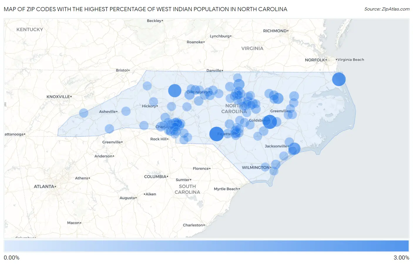 Zip Codes with the Highest Percentage of West Indian Population in North Carolina Map