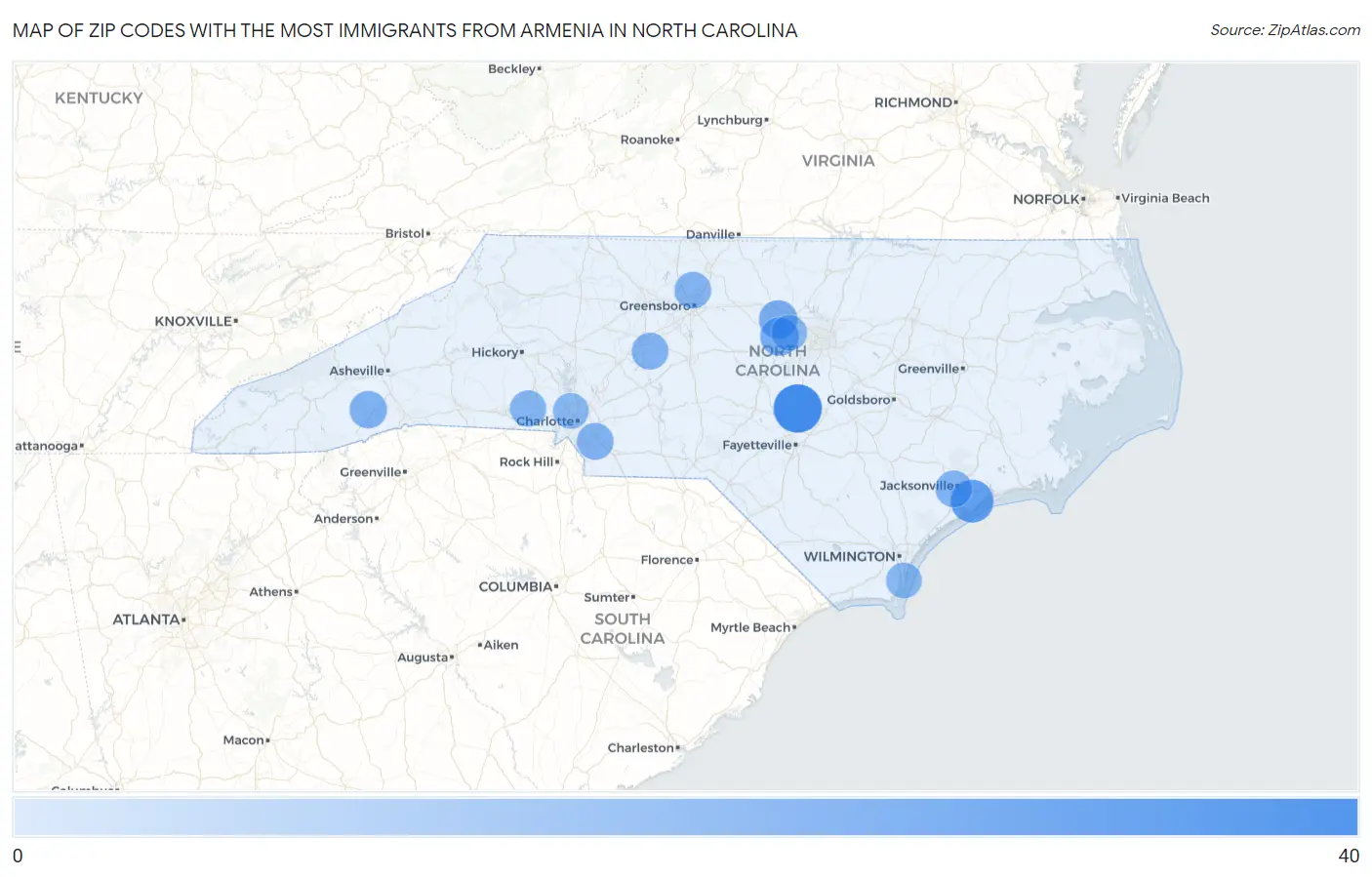 Zip Codes with the Most Immigrants from Armenia in North Carolina Map
