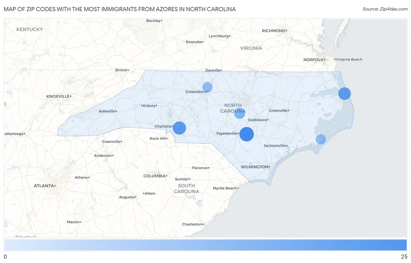 Zip Codes with the Most Immigrants from Azores in North Carolina Map