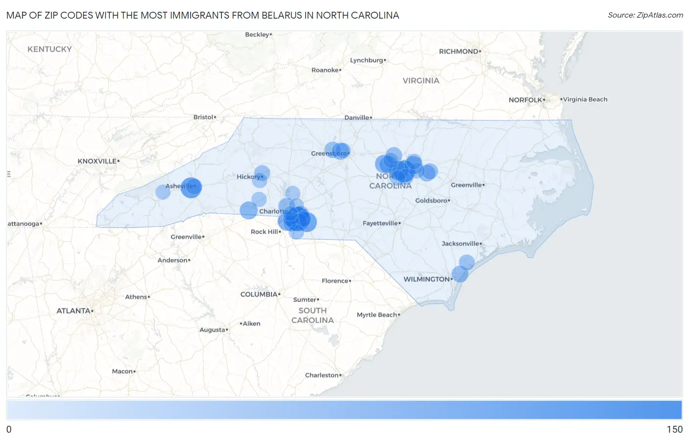 Zip Codes with the Most Immigrants from Belarus in North Carolina Map