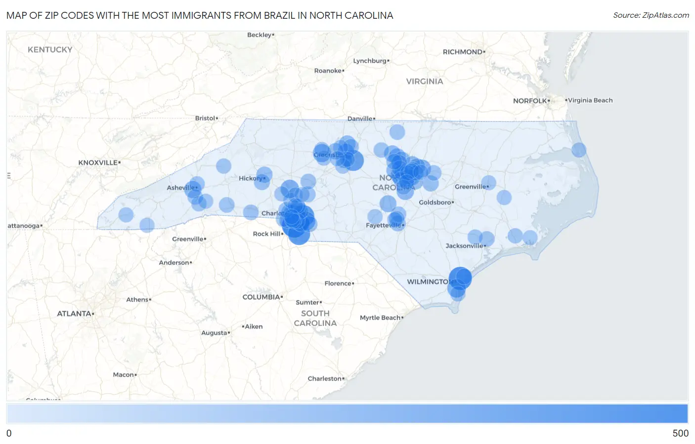 Zip Codes with the Most Immigrants from Brazil in North Carolina Map