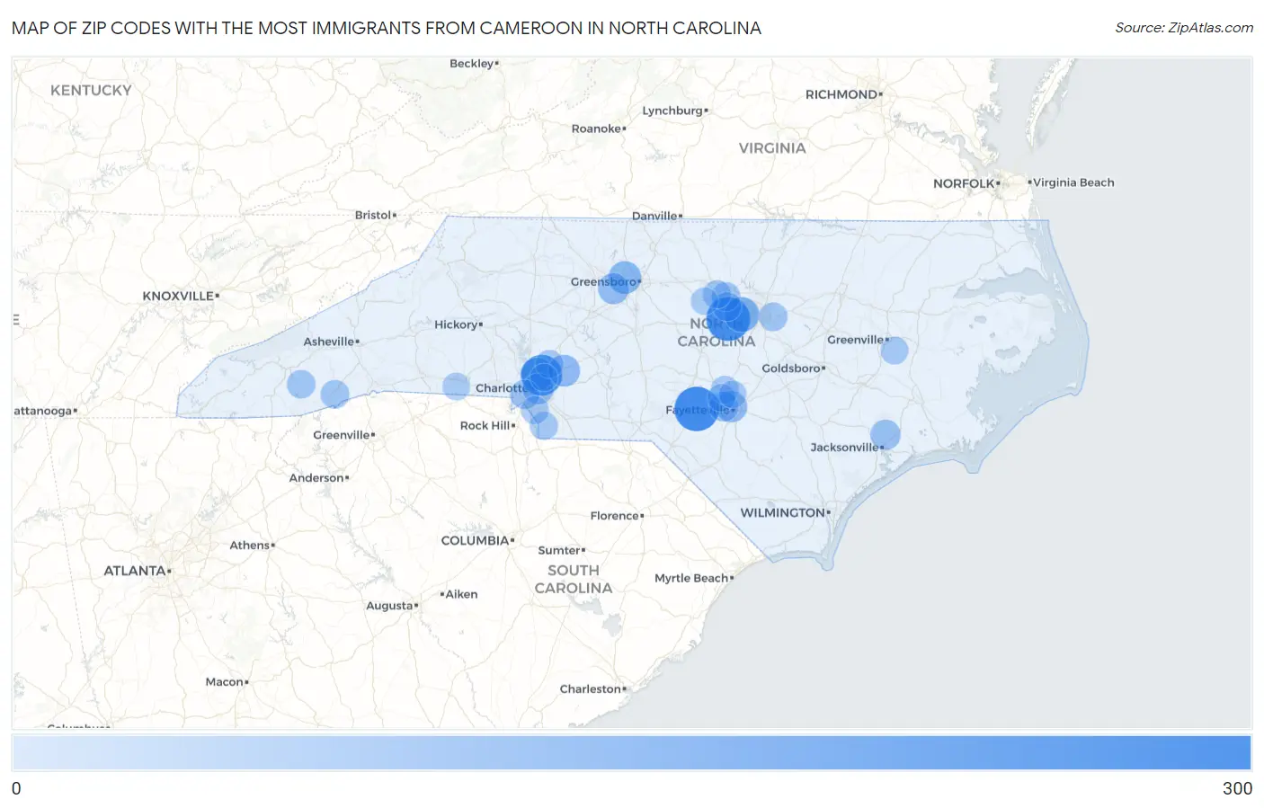 Zip Codes with the Most Immigrants from Cameroon in North Carolina Map