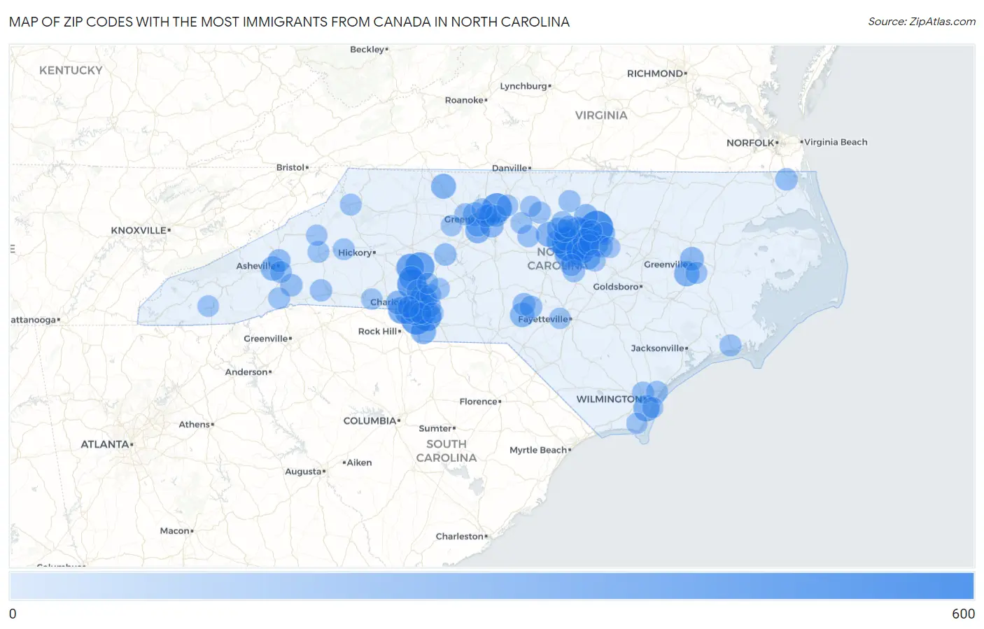 Zip Codes with the Most Immigrants from Canada in North Carolina Map