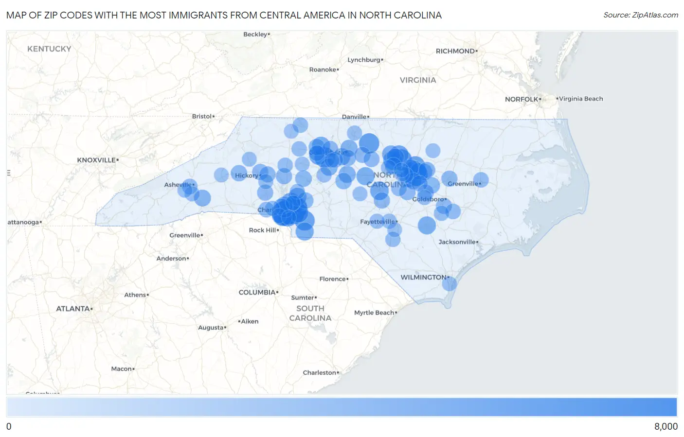 Zip Codes with the Most Immigrants from Central America in North Carolina Map