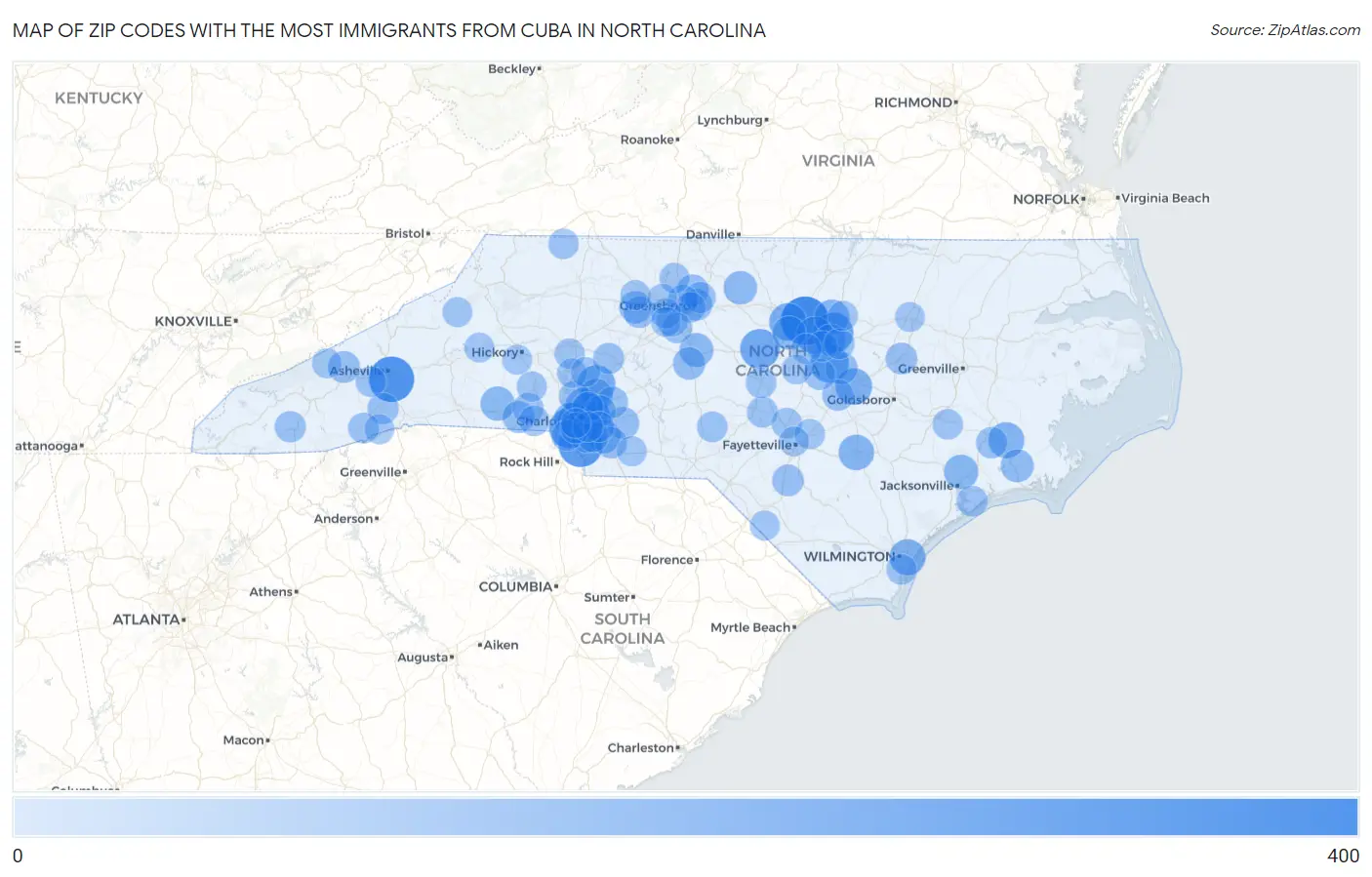 Zip Codes with the Most Immigrants from Cuba in North Carolina Map