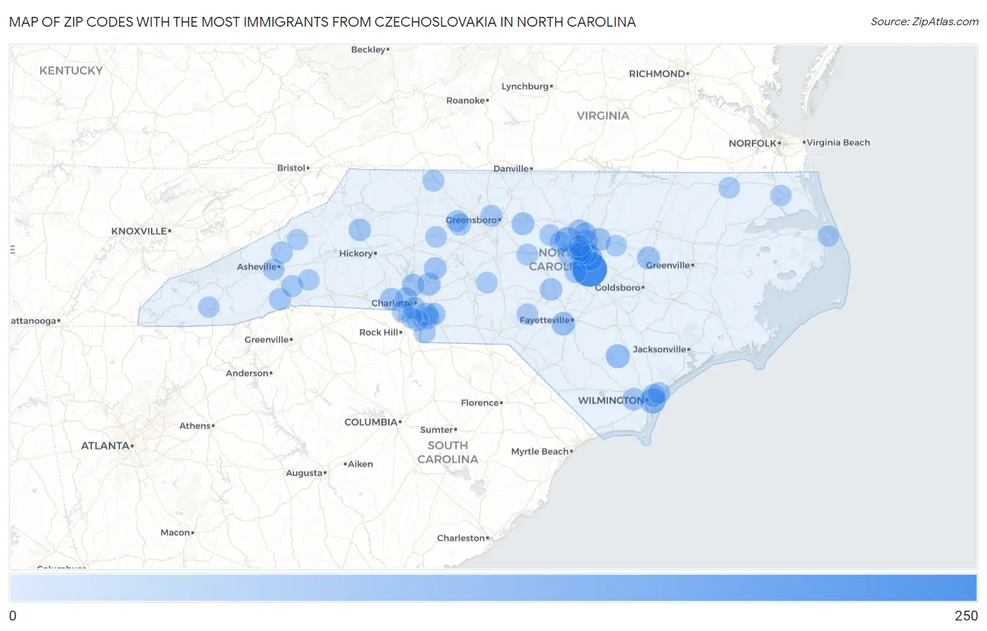 Zip Codes with the Most Immigrants from Czechoslovakia in North Carolina Map