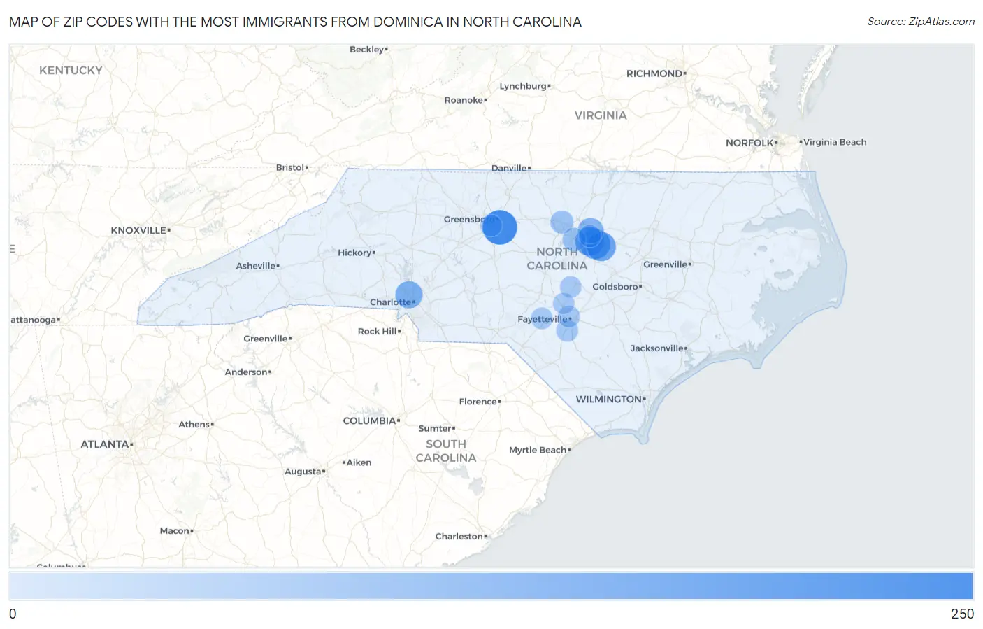 Zip Codes with the Most Immigrants from Dominica in North Carolina Map
