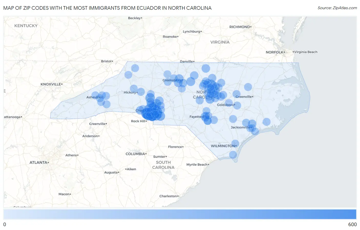 Zip Codes with the Most Immigrants from Ecuador in North Carolina Map