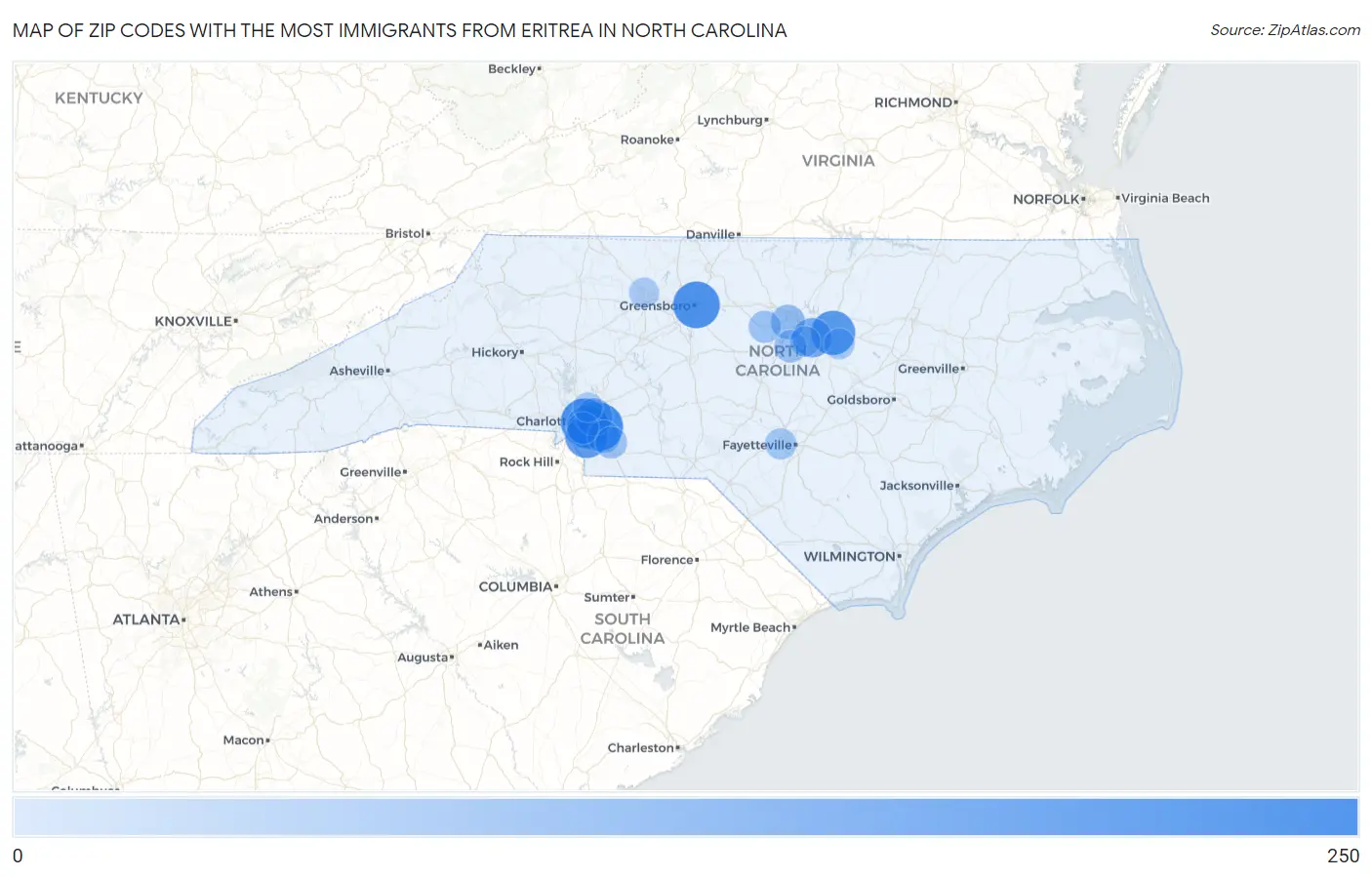 Zip Codes with the Most Immigrants from Eritrea in North Carolina Map