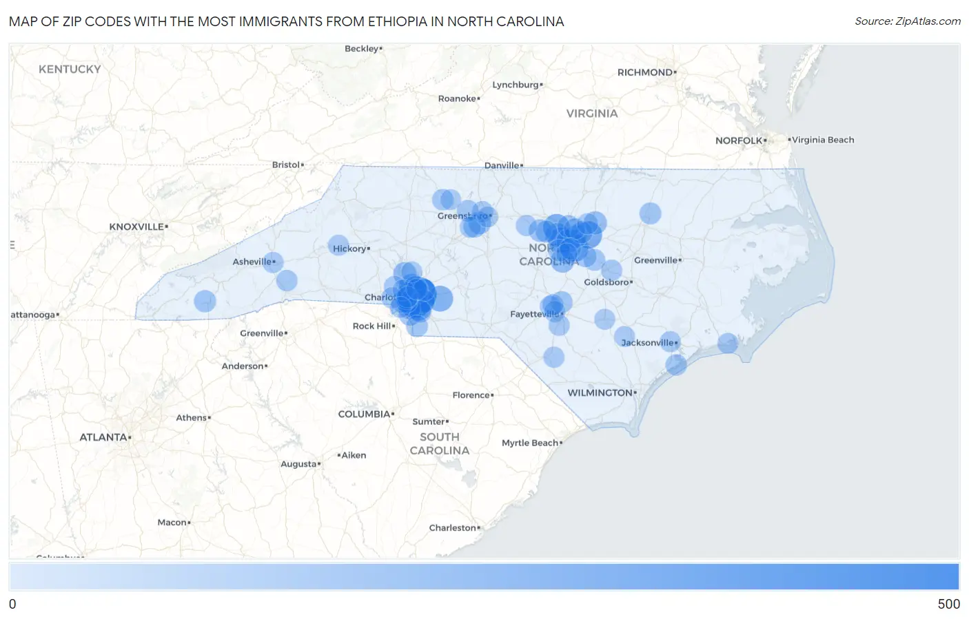 Zip Codes with the Most Immigrants from Ethiopia in North Carolina Map