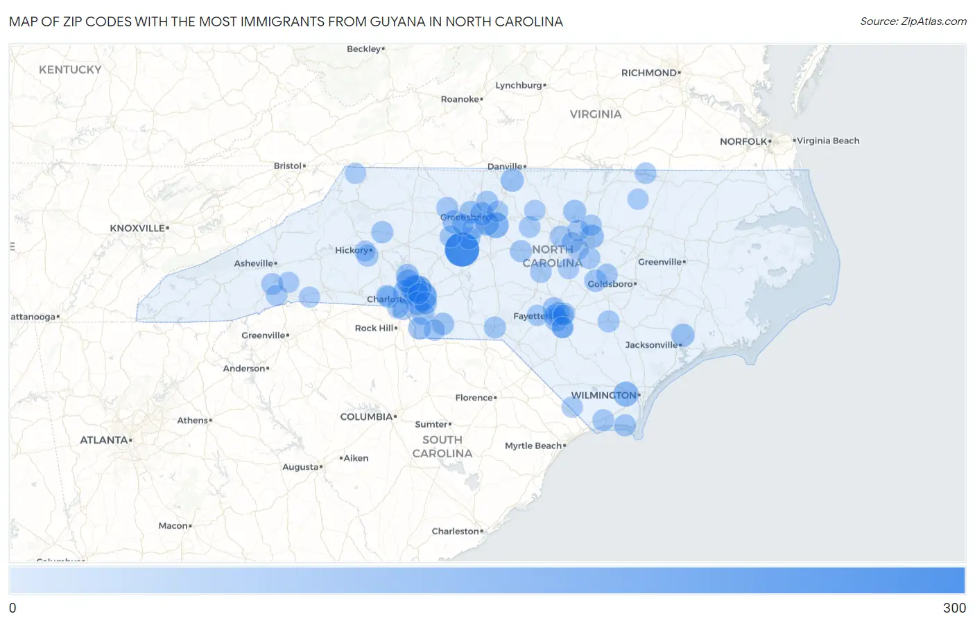 Zip Codes with the Most Immigrants from Guyana in North Carolina Map