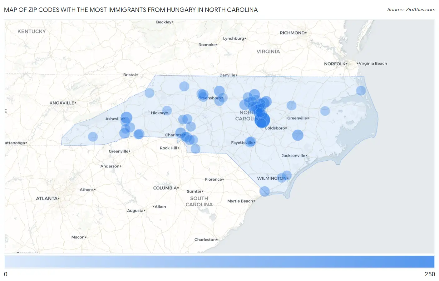 Zip Codes with the Most Immigrants from Hungary in North Carolina Map
