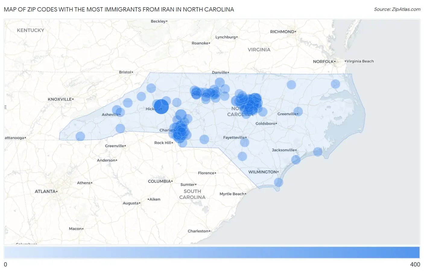 Zip Codes with the Most Immigrants from Iran in North Carolina Map