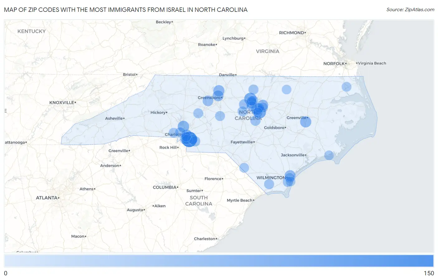 Zip Codes with the Most Immigrants from Israel in North Carolina Map