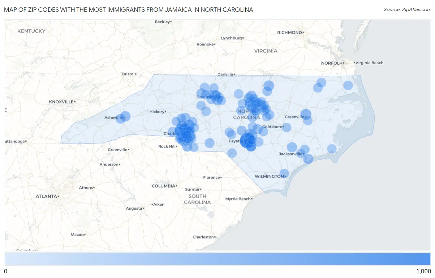 Zip Codes with the Most Immigrants from Jamaica in North Carolina Map