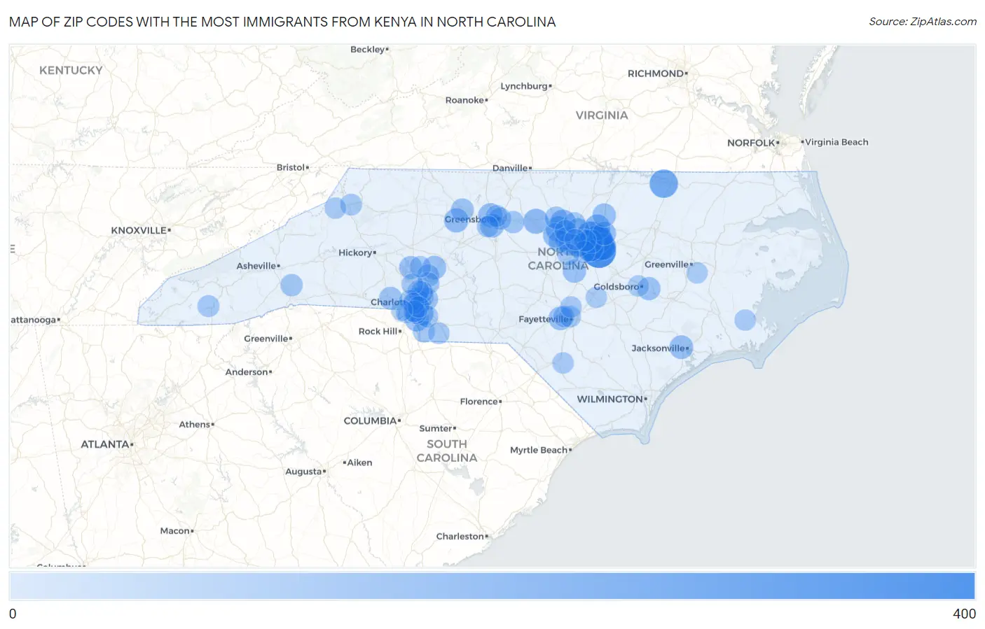 Zip Codes with the Most Immigrants from Kenya in North Carolina Map