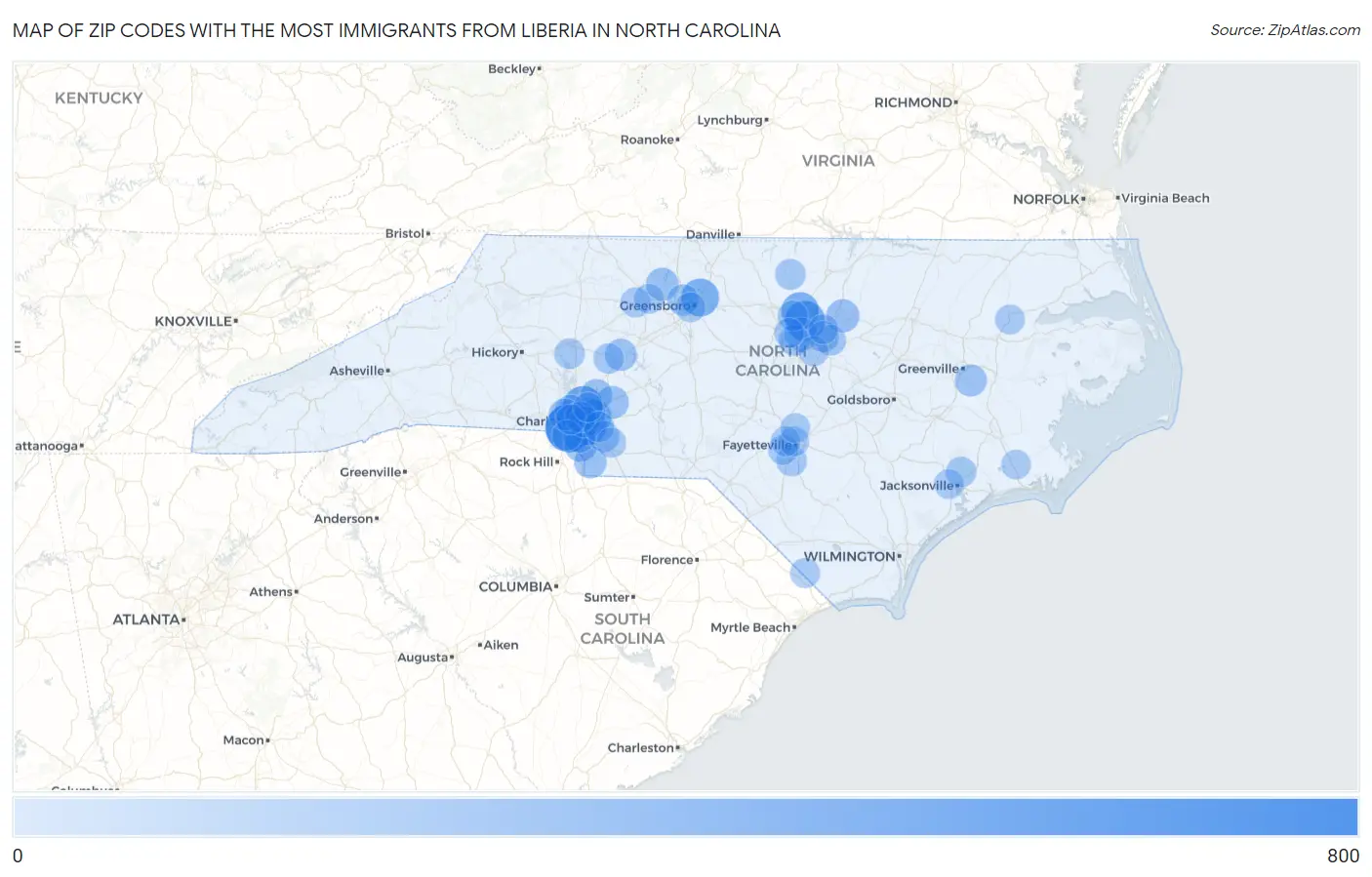 Zip Codes with the Most Immigrants from Liberia in North Carolina Map