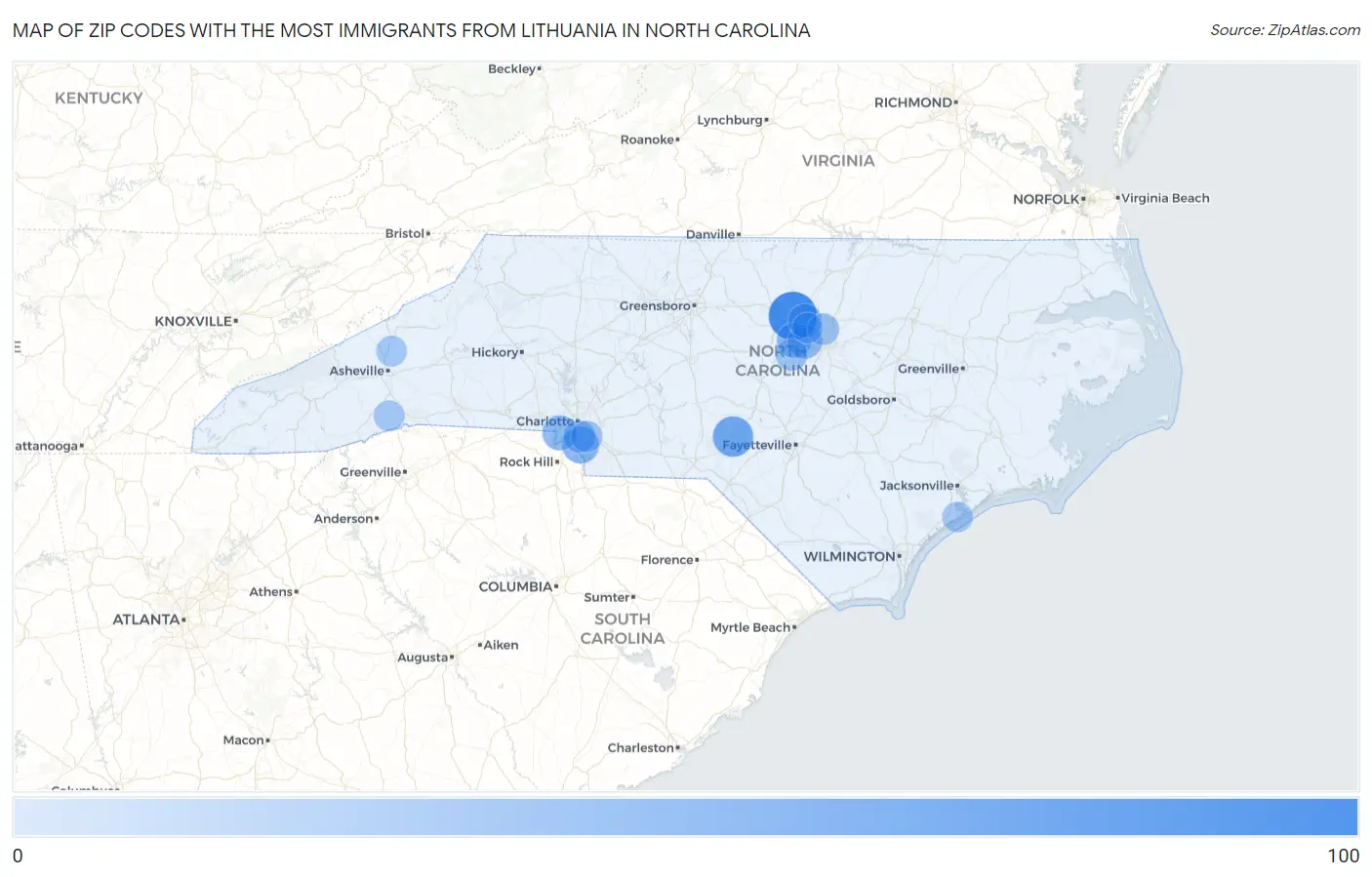 Zip Codes with the Most Immigrants from Lithuania in North Carolina Map