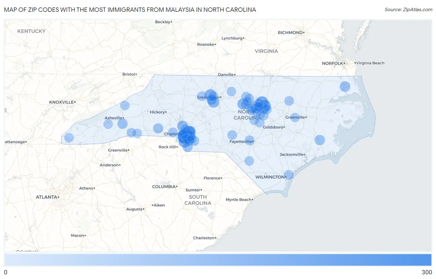 Zip Codes with the Most Immigrants from Malaysia in North Carolina Map