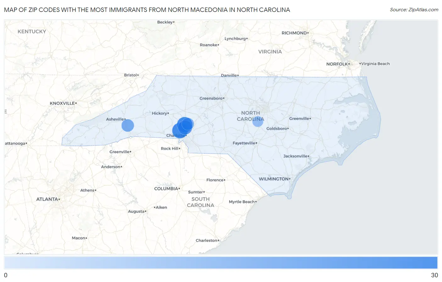 Zip Codes with the Most Immigrants from North Macedonia in North Carolina Map