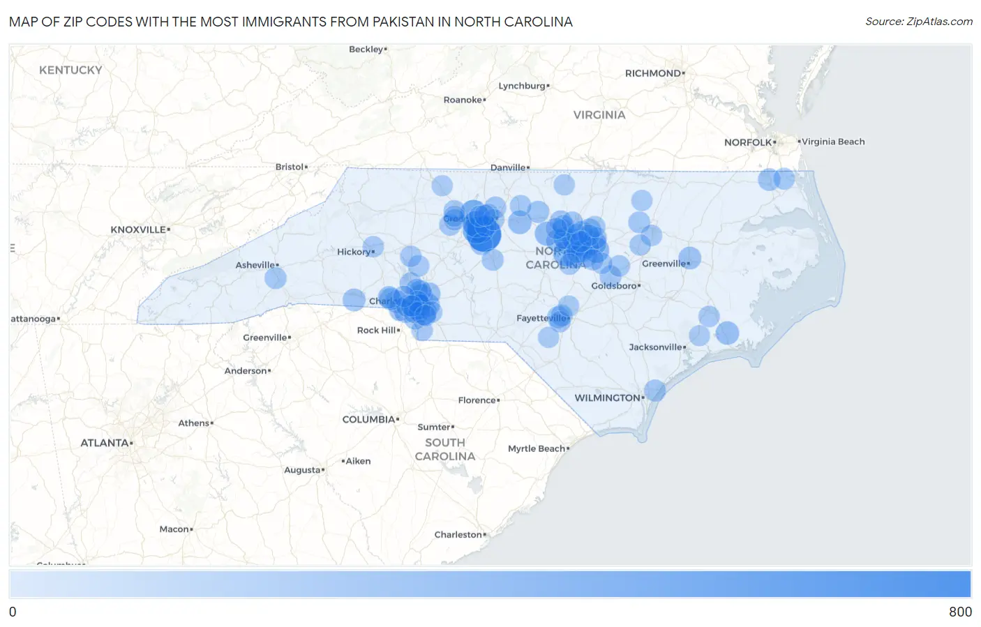 Zip Codes with the Most Immigrants from Pakistan in North Carolina Map