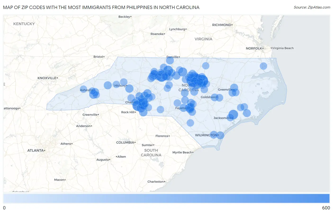 Zip Codes with the Most Immigrants from Philippines in North Carolina Map