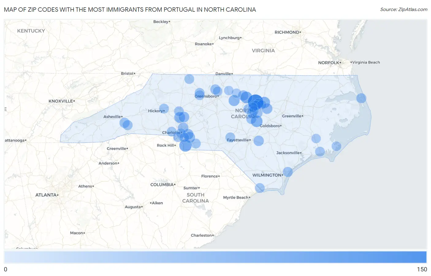 Zip Codes with the Most Immigrants from Portugal in North Carolina Map