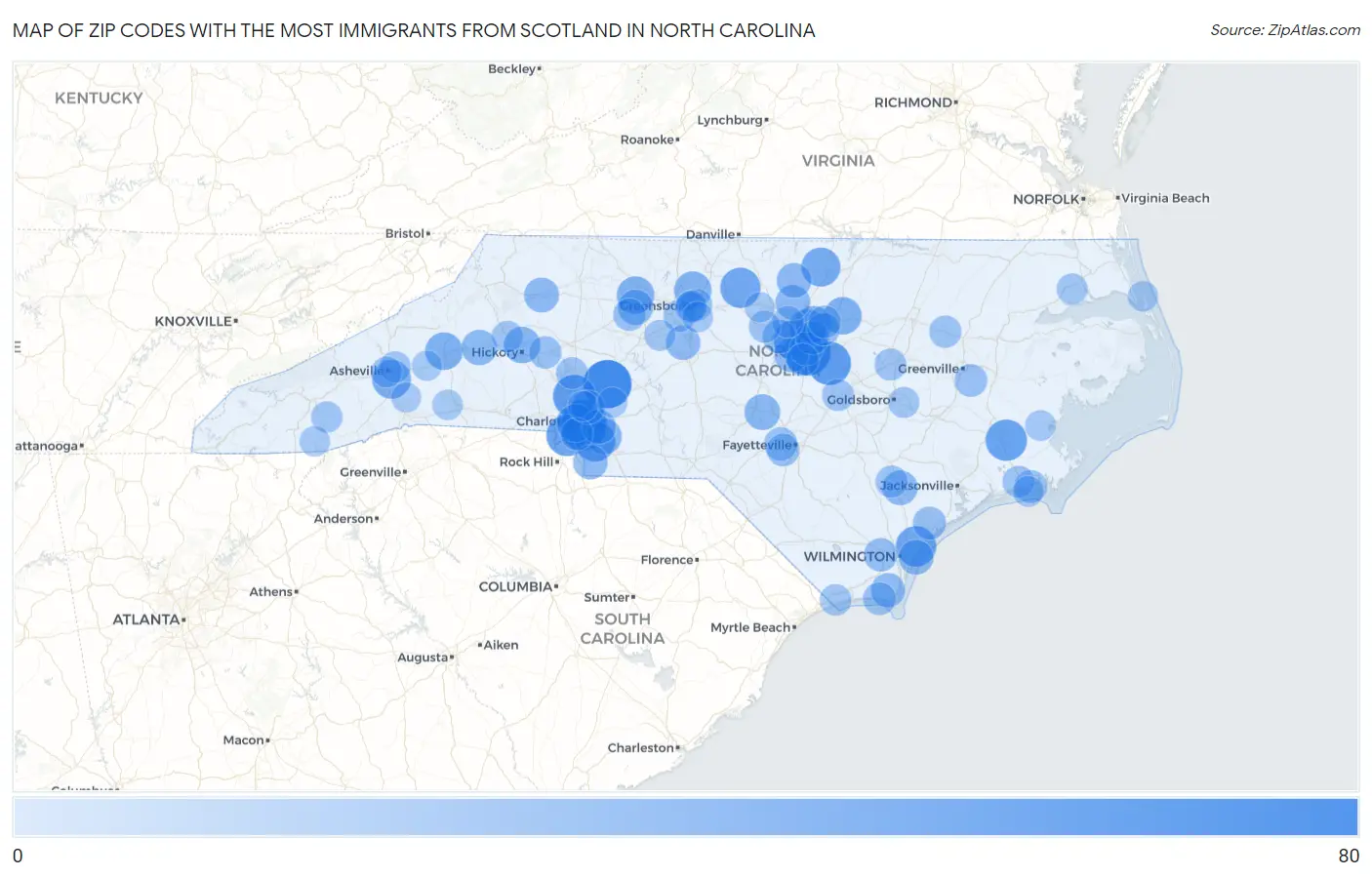 Zip Codes with the Most Immigrants from Scotland in North Carolina Map
