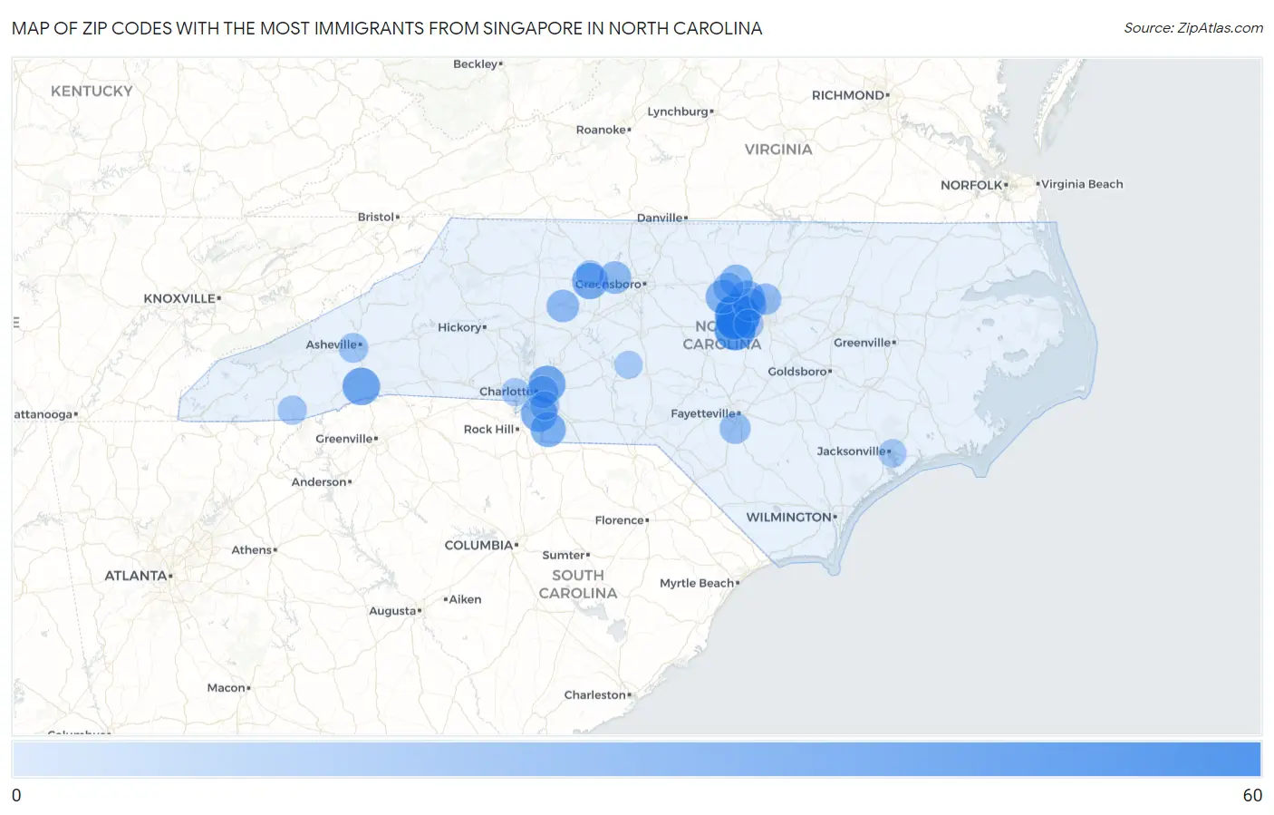 Zip Codes with the Most Immigrants from Singapore in North Carolina Map