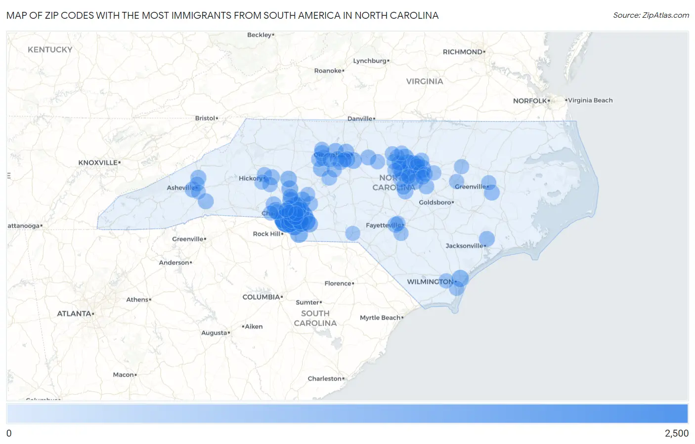 Zip Codes with the Most Immigrants from South America in North Carolina Map