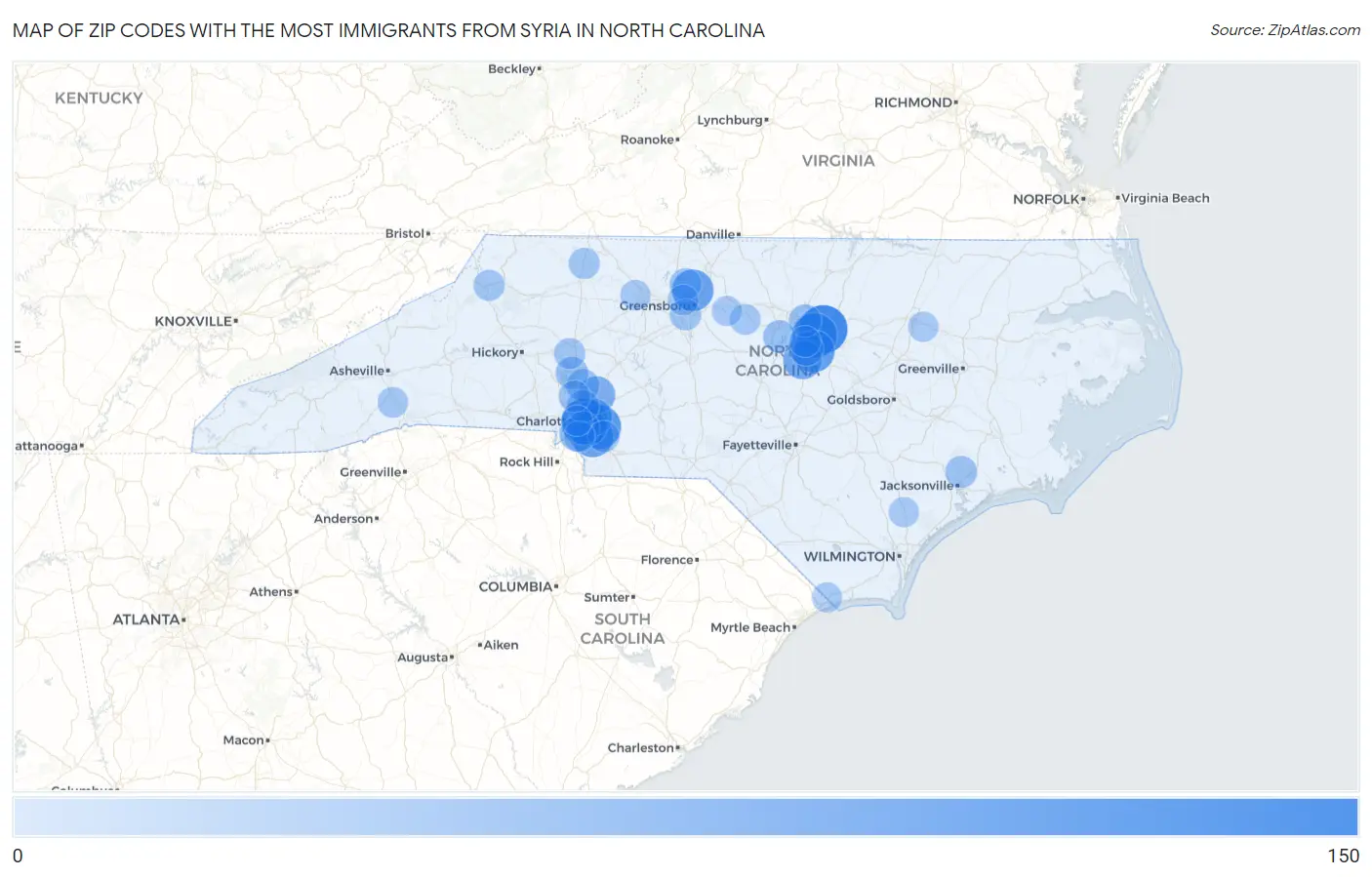 Zip Codes with the Most Immigrants from Syria in North Carolina Map