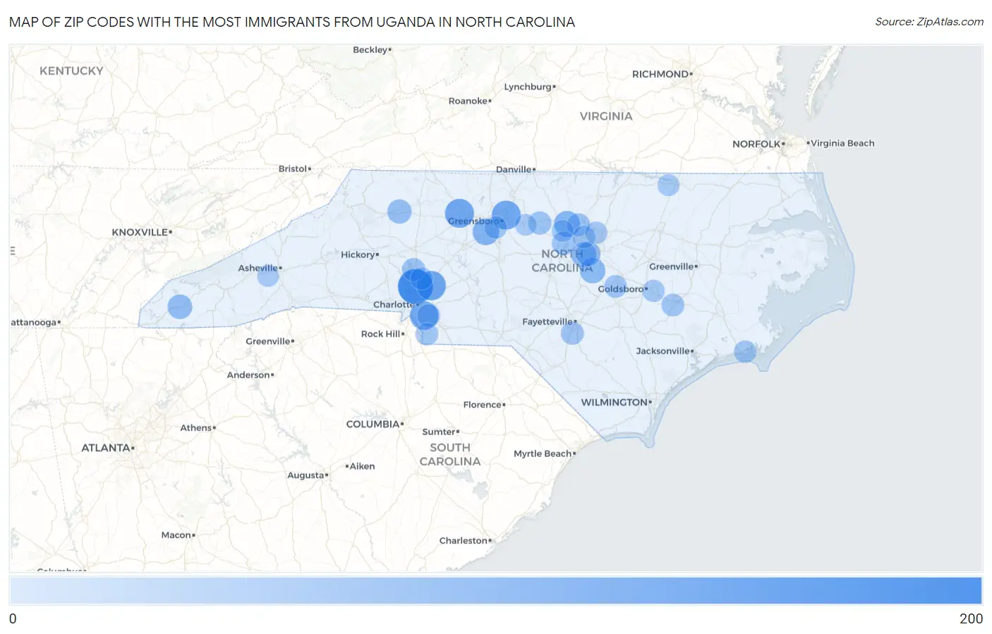 Zip Codes with the Most Immigrants from Uganda in North Carolina Map
