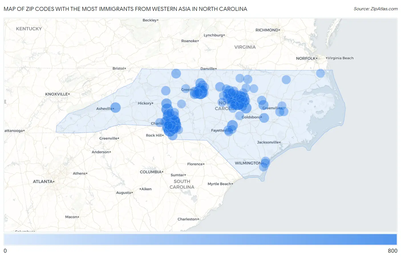 Zip Codes with the Most Immigrants from Western Asia in North Carolina Map