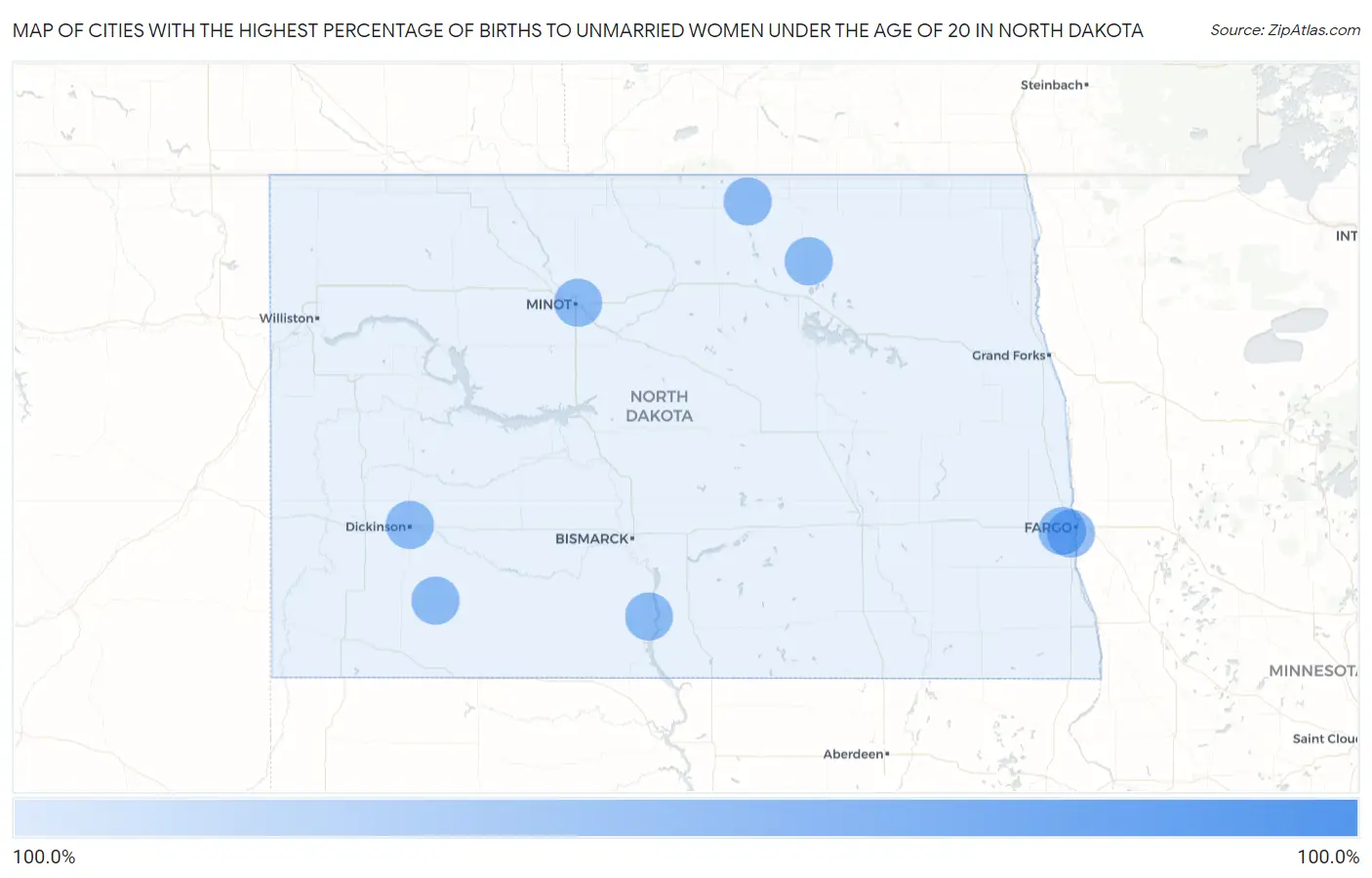 Cities with the Highest Percentage of Births to Unmarried Women under the Age of 20 in North Dakota Map