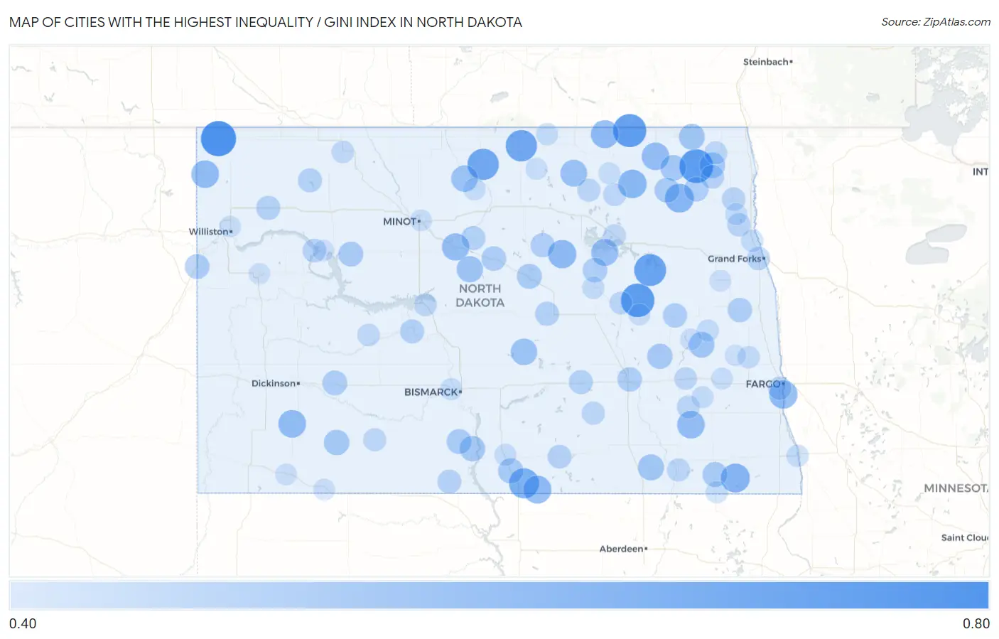 Cities with the Highest Inequality / Gini Index in North Dakota Map