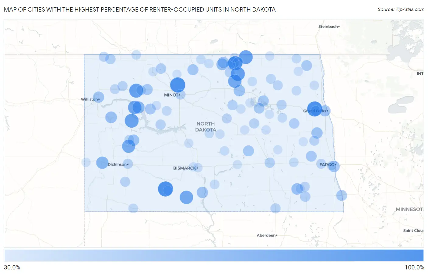Cities with the Highest Percentage of Renter-Occupied Units in North Dakota Map