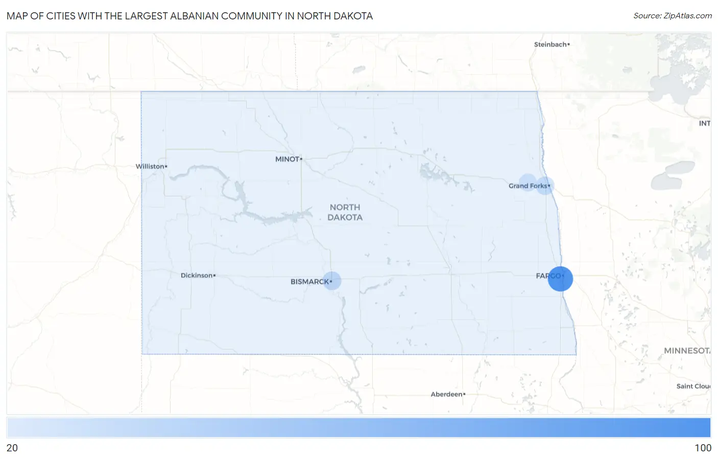 Cities with the Largest Albanian Community in North Dakota Map