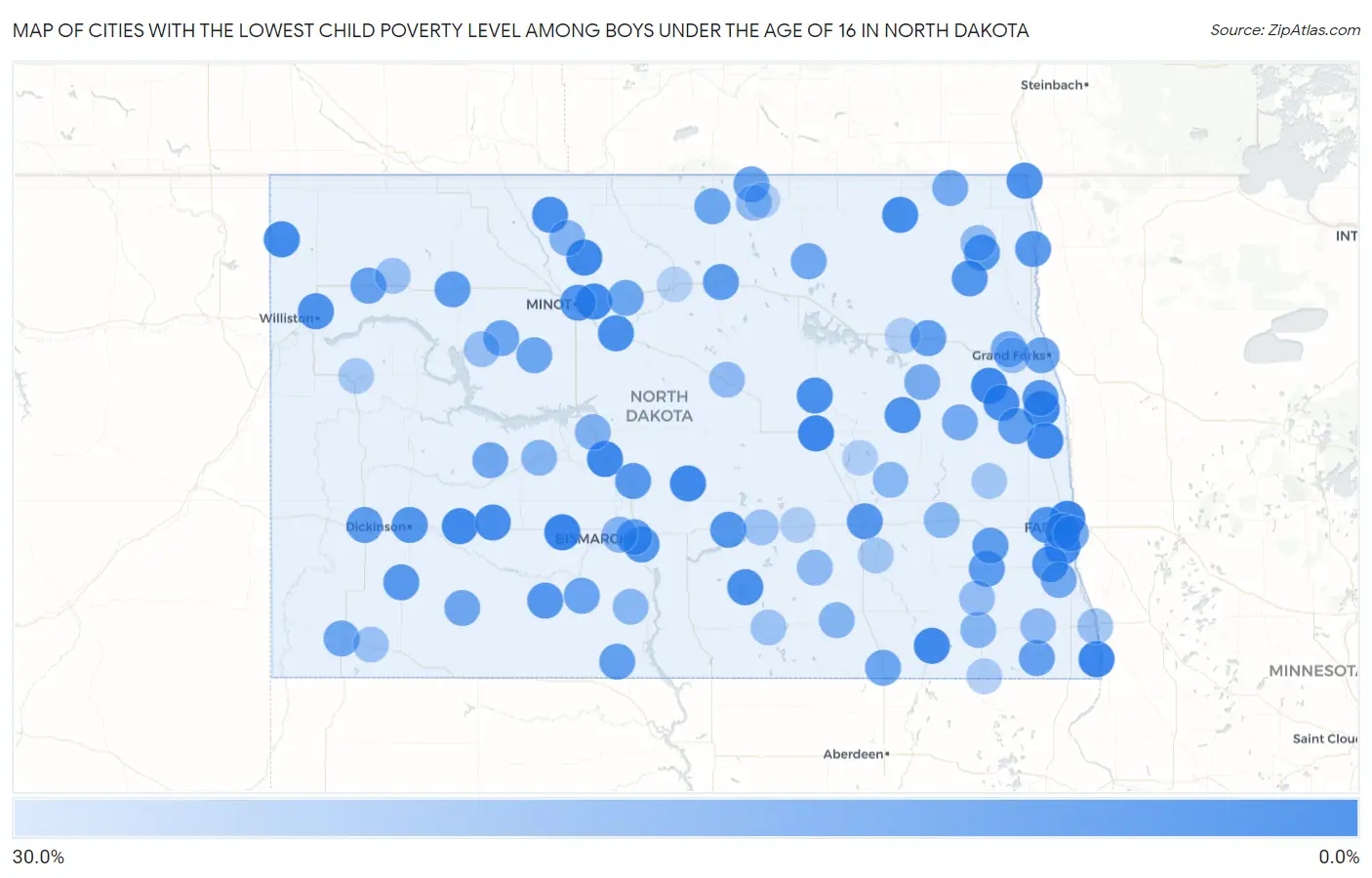 Cities with the Lowest Child Poverty Level Among Boys Under the Age of 16 in North Dakota Map