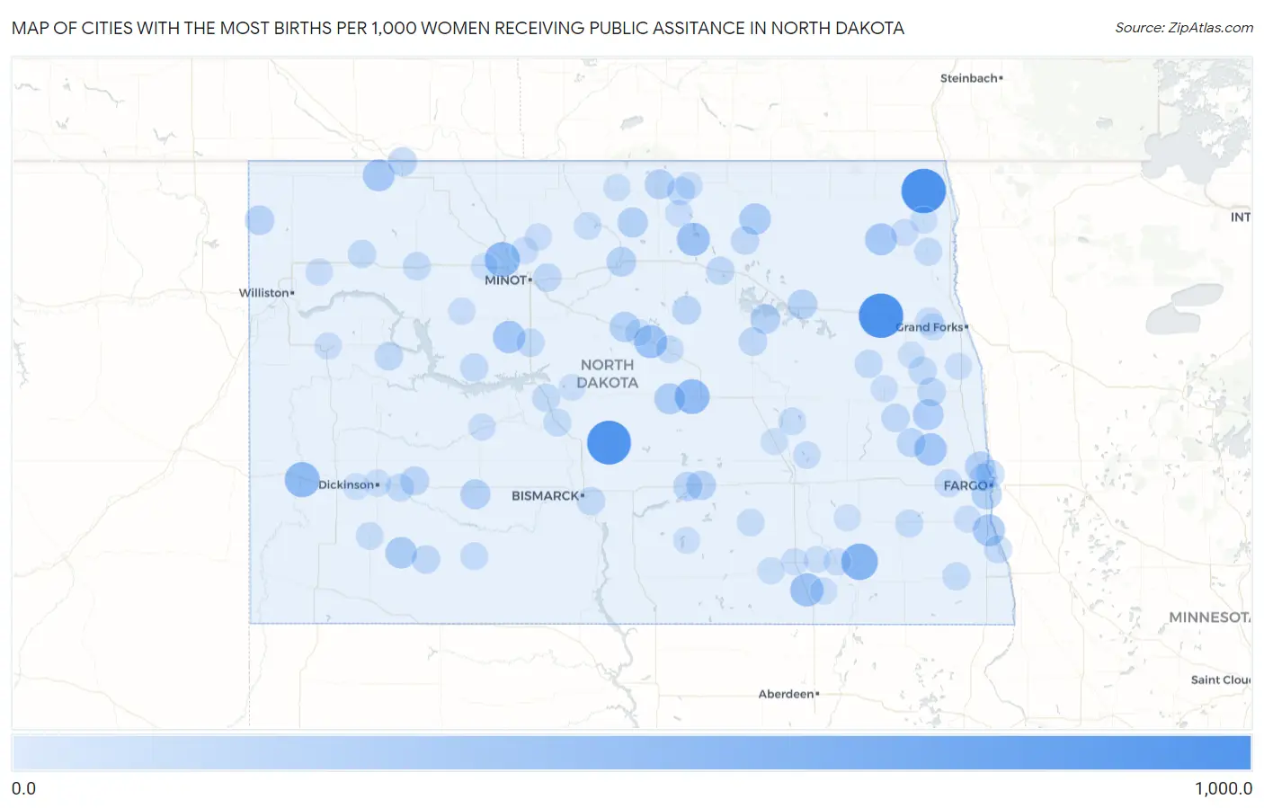 Cities with the Most Births per 1,000 Women Receiving Public Assitance in North Dakota Map