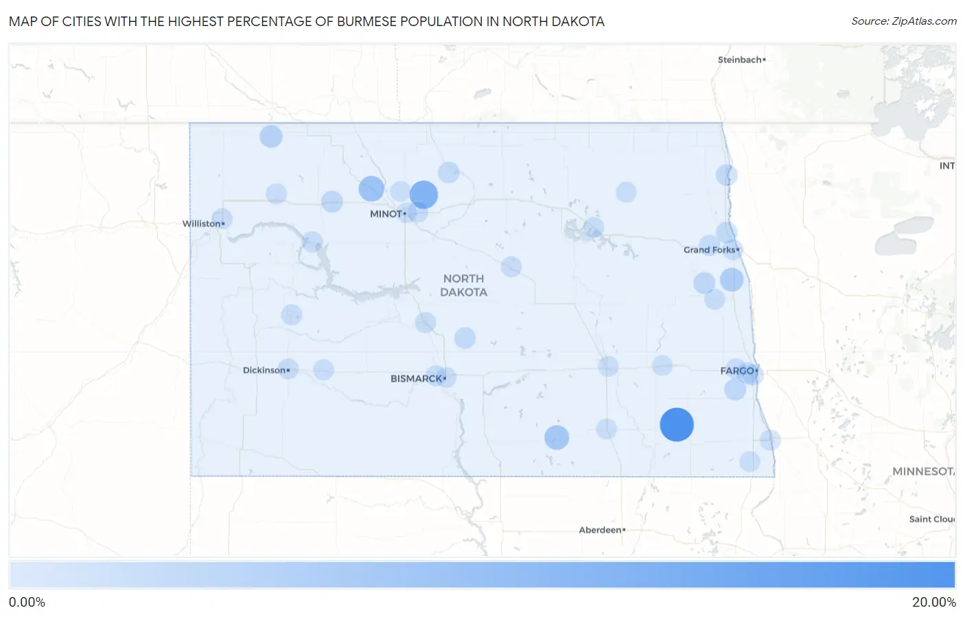 Cities with the Highest Percentage of Burmese Population in North Dakota Map