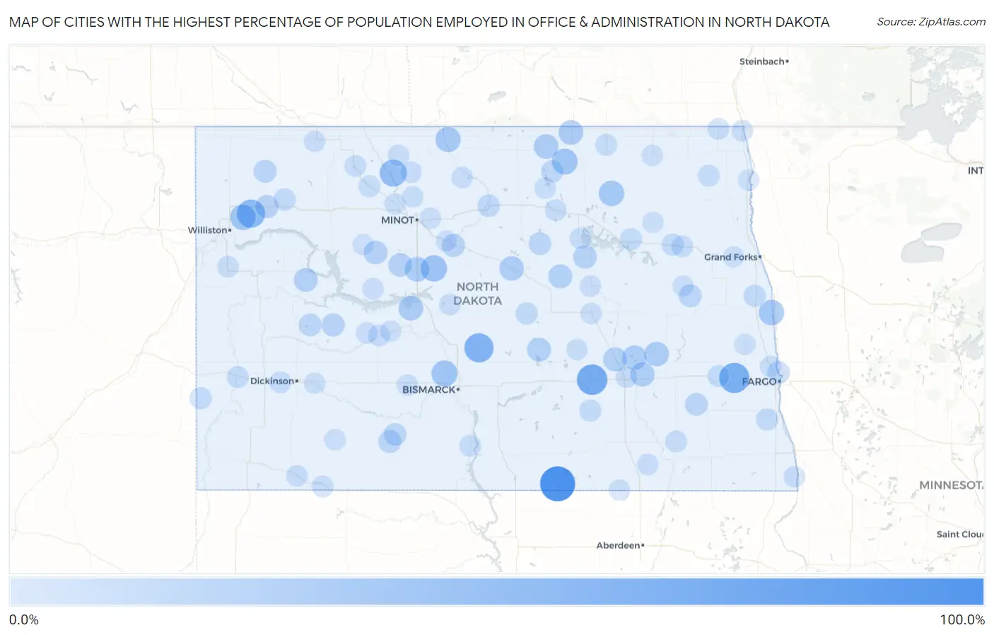 Cities with the Highest Percentage of Population Employed in Office & Administration in North Dakota Map