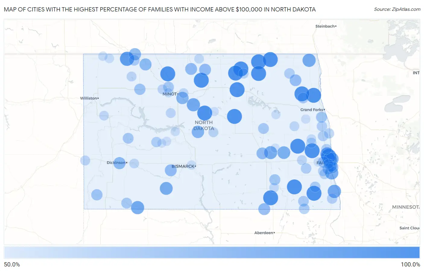 Cities with the Highest Percentage of Families with Income Above $100,000 in North Dakota Map