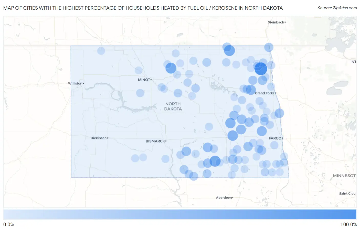 Cities with the Highest Percentage of Households Heated by Fuel Oil / Kerosene in North Dakota Map