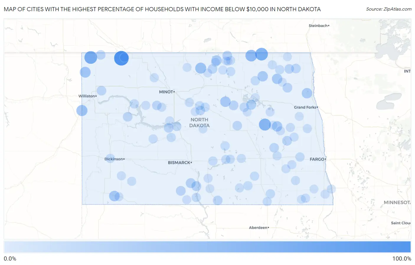 Cities with the Highest Percentage of Households with Income Below $10,000 in North Dakota Map