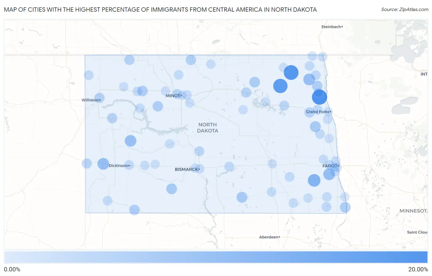 Cities with the Highest Percentage of Immigrants from Central America in North Dakota Map