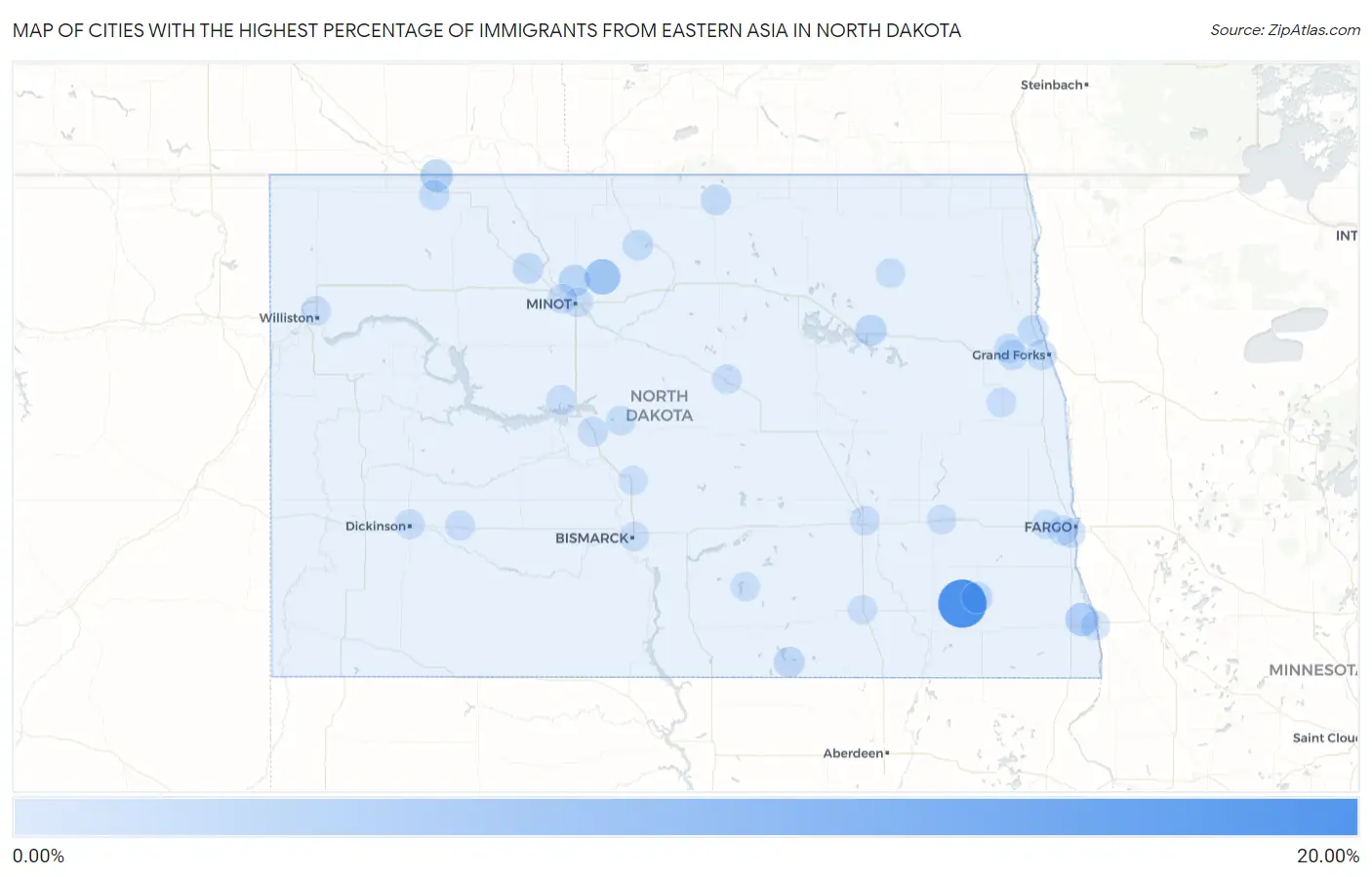 Cities with the Highest Percentage of Immigrants from Eastern Asia in North Dakota Map